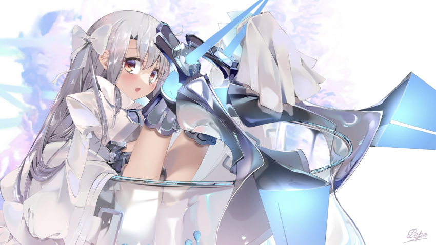 1girl armored_boots blue_eyes blush boots bow breasts cosplay cropped_jacket fate/extra fate/extra_ccc fate/kaleid_liner_prisma_illya fate_(series) glass_bowl hair_bow highres illyasviel_von_einzbern jacket long_hair long_sleeves looking_at_viewer meltryllis_(fate) meltryllis_(fate)_(cosplay) meltryllis_(third_ascension)_(fate) navel open_mouth oversized_object pei_iriya prosthesis prosthetic_leg red_eyes sidelocks sleeves_past_fingers sleeves_past_wrists small_breasts solo white_hair white_jacket