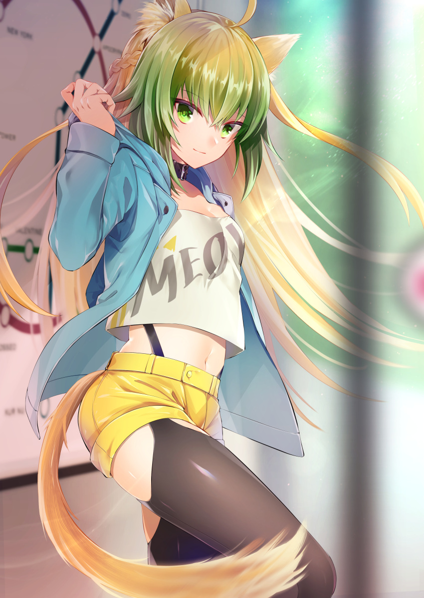 1girl absurdres ahoge animal_ears atalanta_(fate) black_thighhighs blonde_hair blue_jacket blurry breasts choker commentary_request depth_of_field fate/apocrypha fate/grand_order fate_(series) garter_straps gradient_hair green_eyes green_hair highres hood hooded_jacket jacket long_hair long_sleeves looking_at_viewer midriff multicolored_hair navel open_clothes open_jacket print_shirt satoimo_(3311_mi) shirt shorts small_breasts smile solo tail thighhighs white_shirt yellow_shorts