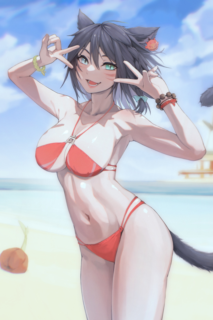 1girl absurdres animal_ears beach bikini black_hair blue_eyes blurry bomb_(final_fantasy) bracelet braid breasts brh cat_ears cat_tail commentary_request depth_of_field double_v earrings fang feet_out_of_frame final_fantasy final_fantasy_xiv green_eyes heterochromia highres jewelry large_breasts lipstick looking_at_viewer lower_teeth_only makeup midriff miqo'te navel o-ring o-ring_bikini ocean open_mouth pier red_bikini scrunchie short_hair single_earring smile solo swimsuit tail teeth v warrior_of_light_(ff14) wrist_scrunchie
