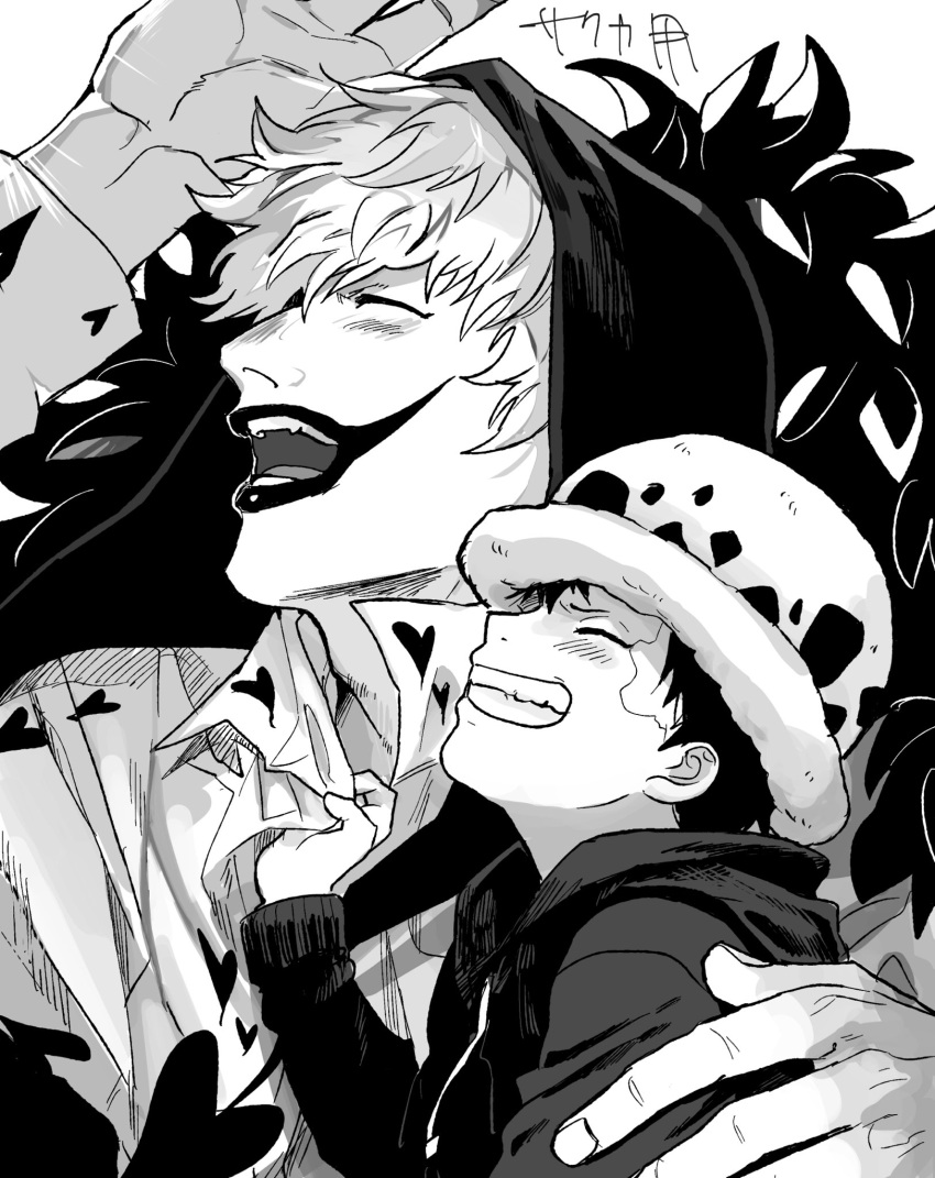 2boys black_hair closed_eyes coat coat_on_shoulders donquixote_rocinante feather_coat fur_coat greyscale happy hat heart heart_print highres hood jaguar_print long_sleeves makeup male_focus monochrome multiple_boys noyksusonon one_piece shirt smile trafalgar_law