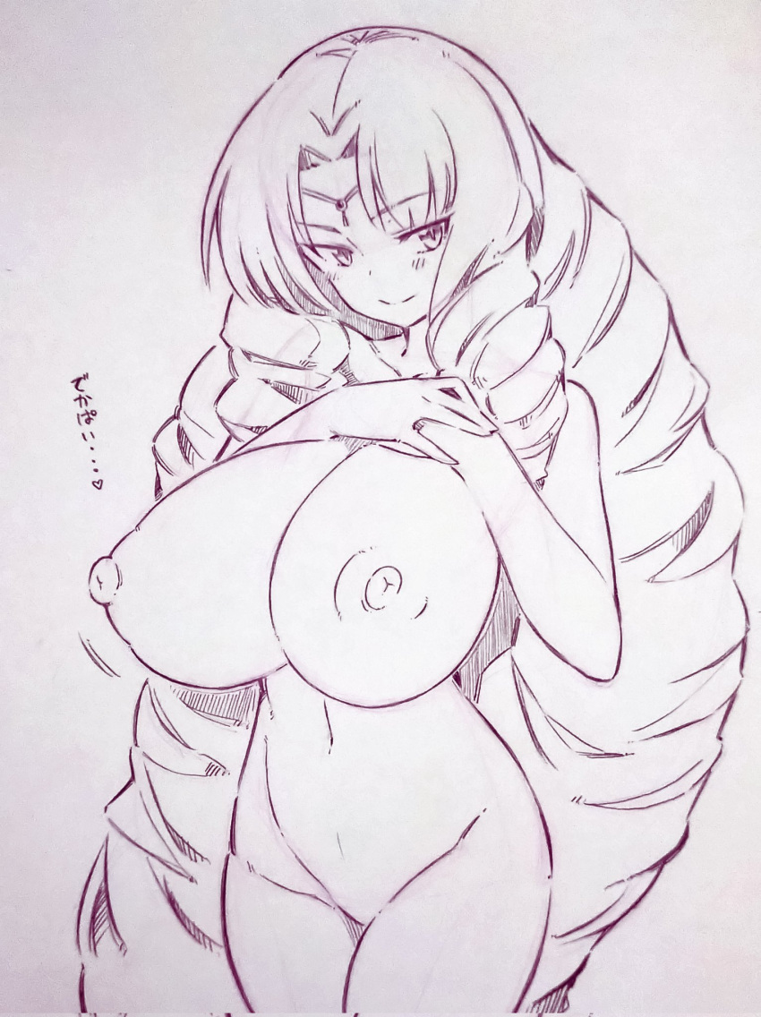 1girl breasts closed_mouth commentary_request completely_nude drill_hair enshou hands_on_own_chest highres huge_breasts koihime_musou long_hair looking_at_viewer monochrome navel nipples nude smile solo traditional_media translated tsukareta_san very_long_hair