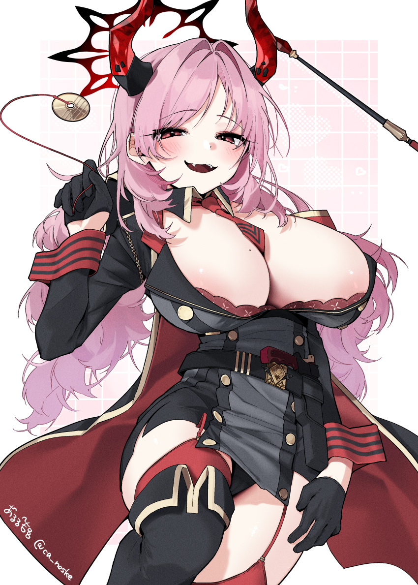1girl absurdres aotan_(aorin114) belt between_breasts black_belt black_gloves black_thighhighs blue_archive blush breasts cape cleavage garter_straps gloves halo highres holding_pendulum horns large_breasts long_hair looking_at_viewer mole mole_on_breast necktie necktie_between_breasts open_mouth pendulum pink_hair red_cape red_eyes red_garter_straps red_halo red_horns red_necktie satsuki_(blue_archive) smile solo thighhighs thighs twitter_username