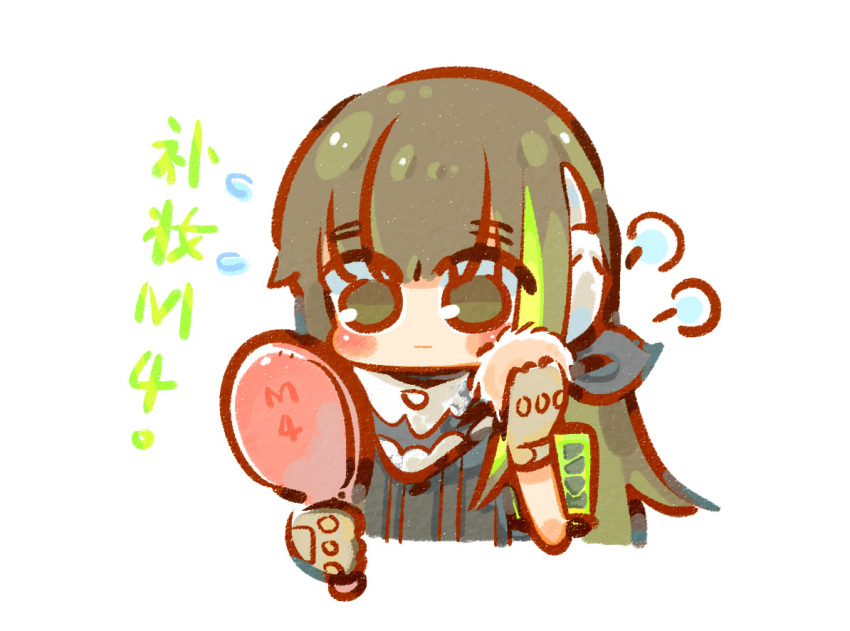 1girl applying_makeup armband blush brown_eyes brown_hair chibi chinese_commentary chinese_text closed_mouth commentary_request expressionless flying_sweatdrops girls'_frontline gloves green_armband green_hair hand_mirror headphones holding holding_mirror long_hair looking_at_mirror m4a1_(girls'_frontline) mask mirror multicolored_hair puff_of_air skull_mask solo streaked_hair su_xiao_jei translation_request upper_body white_background