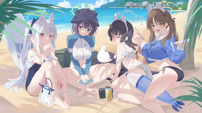 4girls absurdres animal animal_ears beach bird black_hair blue_archive blush braid breasts brown_hair closed_eyes closed_mouth day fake_animal_ears glasses green_eyes grey_hair highres large_breasts leaf leaf_on_head long_hair miyako_(blue_archive) miyako_(swimsuit)_(blue_archive) miyu_(blue_archive) miyu_(swimsuit)_(blue_archive) moe_(blue_archive) moe_(swimsuit)_(blue_archive) multiple_girls ocean official_alternate_costume open_mouth outdoors ponytail purple_eyes rabbit_ears rabbit_platoon_(blue_archive) saki_(blue_archive) saki_(swimsuit)_(blue_archive) seagull shou_xun_bu_liang small_breasts smile twin_braids twintails unworn_eyewear yellow_eyes