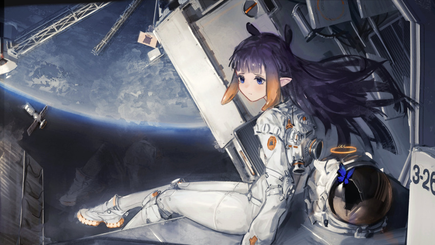 1girl absurdres astronaut blue_butterfly blue_eyes bodysuit bug butterfly closed_mouth commentary crack cracked_glass earth_(planet) english_commentary floating_hair gradient_hair greedice halo helmet highres hololive hololive_english in_orbit light_blush long_hair multicolored_hair ninomae_ina'nis orange_hair planet purple_hair reflection satellite sidelocks sitting solo space space_helmet spacecraft_interior spacesuit takodachi_(ninomae_ina'nis) tentacle_hair unworn_headwear unworn_helmet virtual_youtuber white_bodysuit white_footwear yellow_halo zero_gravity