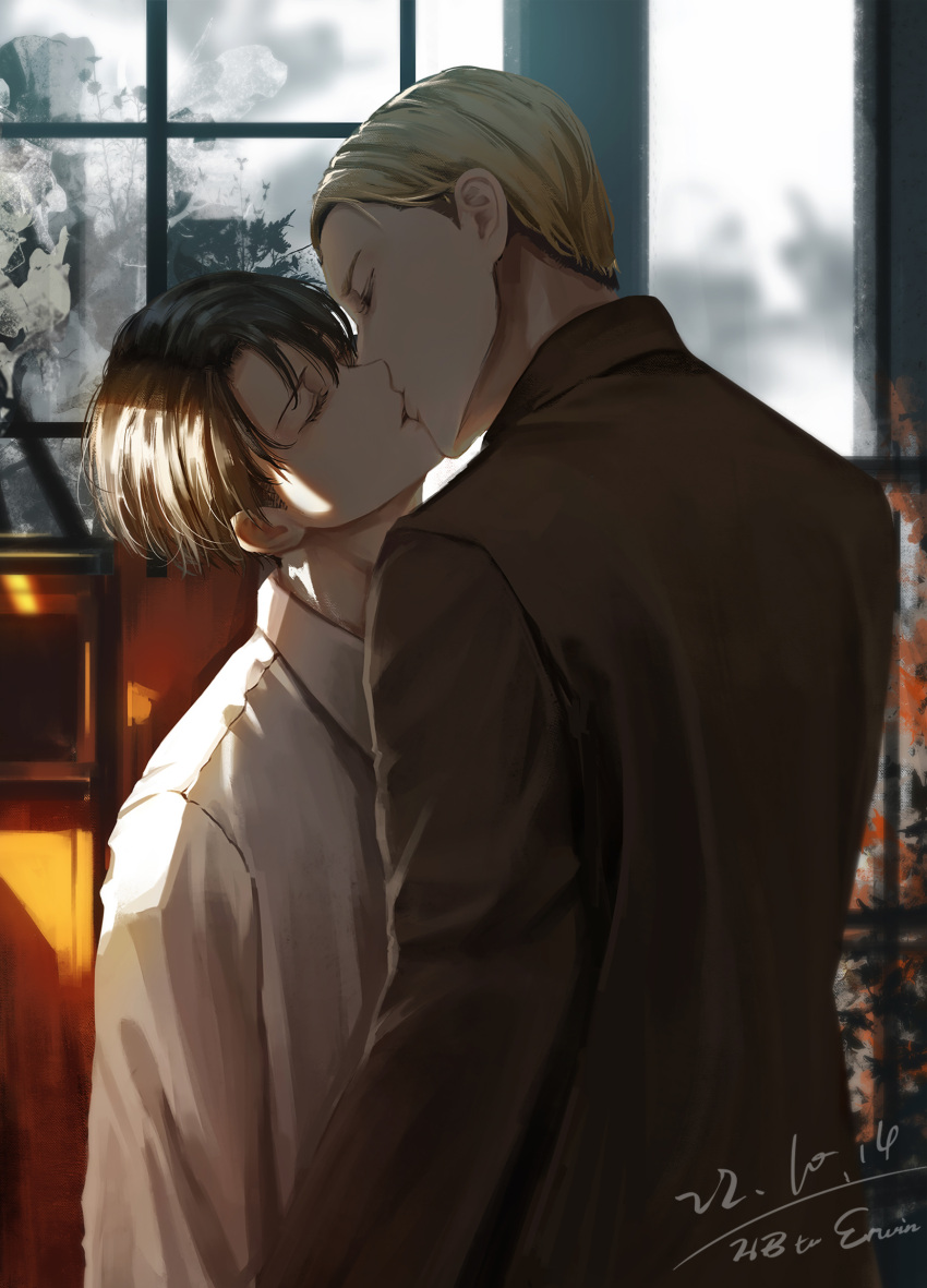 2boys black_hair blonde_hair brown_jacket bush chinese_commentary chuantangfeng_draft closed_eyes collared_shirt commentary dated erwin_smith happy_birthday highres indoors jacket kiss leaf levi_(shingeki_no_kyojin) male_focus multiple_boys plant shingeki_no_kyojin shirt short_hair signature upper_body white_shirt window yaoi