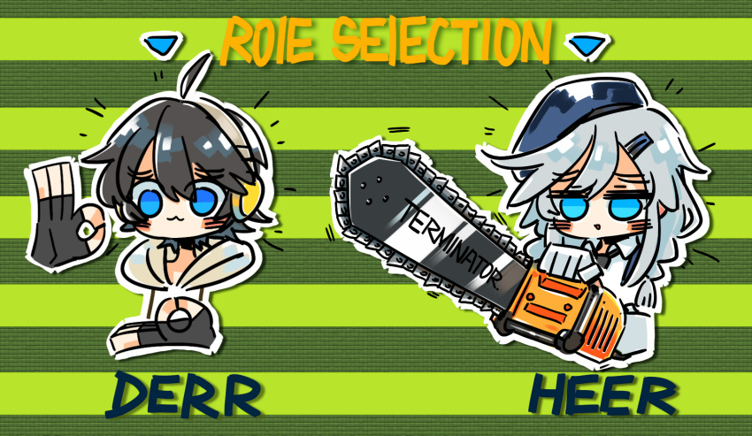 1boy 1girl :3 :d ahoge arrow_(symbol) beret black_gloves black_hair black_necktie blue_eyes blue_headwear blush braid brother_and_sister chainsaw character_name character_select chibi chinese_commentary closed_mouth commentary_request dier_(girls'_frontline) english_text fingerless_gloves girls'_frontline gloves green_background grey_hair hair_between_eyes hair_ornament hairclip hat headphones holding holding_chainsaw hood hoodie long_hair necktie notice_lines ok_sign open_mouth short_hair siblings sier_(girls'_frontline) smile striped striped_background su_xiao_jei white_hoodie