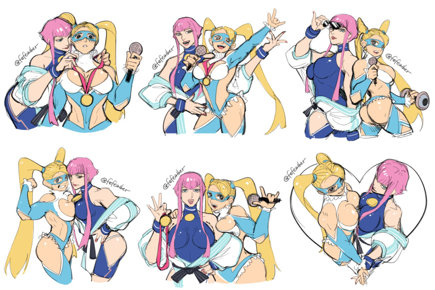 2girls blonde_hair breast_press breasts cleavage cropped_legs dougi fefeather flexing heart highres large_breasts leotard looking_at_viewer manon_legrand martial_arts_belt medal microphone multiple_girls pink_hair rainbow_mika street_fighter street_fighter_6 street_fighter_v sunglasses symmetrical_docking twintails wrestling_outfit