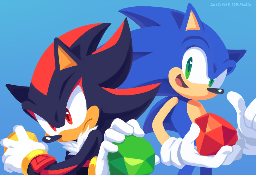 2boys artist_name black_fur blue_background blue_fur chaos_emerald furry furry_male gem gloves gold_bracelet green_eyes green_gemstone hedgehog hedgehog_boy hedgehog_ears highres holding multiple_boys open_mouth red_eyes red_fur red_gemstone shadow_the_hedgehog siggiedraws simple_background sonic_(series) sonic_the_hedgehog two-tone_fur white_gloves yellow_gemstone