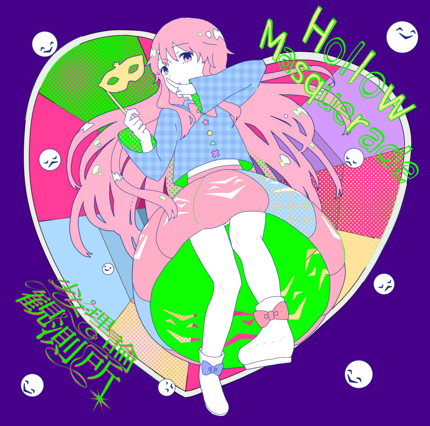 1girl album_cover blue_bow blue_shirt blue_sleeves boots bow buttons circle_name clothing_cutout collared_shirt colorful cover english_text finger_to_mouth flat_color footwear_bow full_body girls_logic_observatory green_shirt green_skirt green_sleeves hata_no_kokoro heart heart_background highres holding holding_mask long_hair long_sleeves mask masquerade_mask midriff miniskirt navel orange_bow orange_skirt panties pantyshot pink_eyes pink_hair plaid plaid_shirt plaid_sleeves polka_dot polka_dot_sleeves pumpkin_skirt purple_background shirt shushing sidelocks skirt solo star_button touhou triangle_button two-sided_fabric two-sided_shirt two-sided_skirt two-sided_sleeves underwear very_long_hair white_footwear white_panties witoi_(roa) yellow_mask