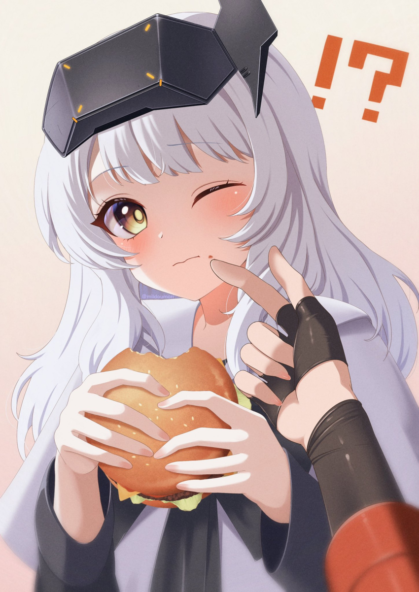 2girls black_gloves blush bow bowtie burger cloak closed_mouth dress eating fingerless_gloves food food_on_face gloves goddess_of_victory:_nikke hair_intakes head-mounted_display heart highres holding holding_food long_hair long_sleeves milmil7 multiple_girls one_eye_closed reaching red_hood_(nikke) sidelocks snow_white:_innocent_days_(nikke) snow_white_(nikke) upper_body white_cloak white_hair