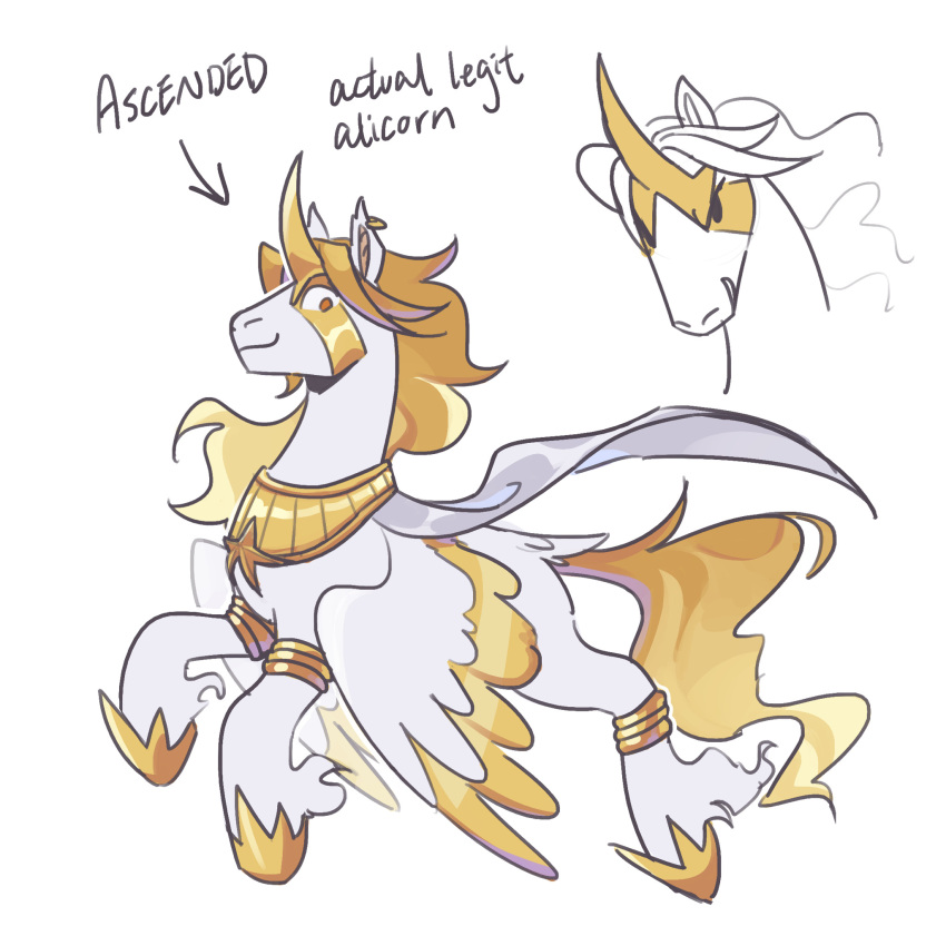 alternate_species ankle_tuft blonde_hair cape clothing dio_brando equid equine feathered_wings feathers feral feralized fur furrification gold_(metal) gold_jewelry hair hasbro hi_res hooves horn jewelry jojo's_bizarre_adventure leg_tuft male mammal my_little_pony ponification regularcitrus smile snout solo tail tuft unicorn_horn white_body white_fur winged_unicorn wings