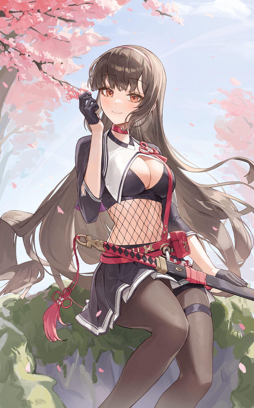 1girl absurdres aki_(eversoul) belt belt_pouch black_gloves black_hair black_shirt black_thighhighs blush breasts cherry_blossoms cleavage cotta_(heleif) crop_top eversoul fishnets gloves half_gloves highres hime_cut holding holding_sheath holding_sword holding_weapon katana long_hair looking_at_viewer medium_breasts midriff multiple_belts navel neck_ribbon outdoors petals pouch red_eyes ribbon rock sheath shirt short_sleeves sitting skirt smile solo sword tassel thigh_strap thighhighs thighs weapon