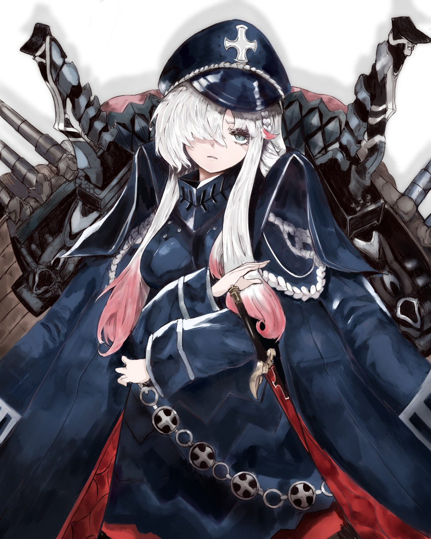 1girl absurdres armor arms_under_breasts azur_lane blue_eyes braid breastplate cross crossed_arms hair_over_one_eye hat highres iron_cross jacket jacket_on_shoulders kesseil long_bangs looking_at_viewer military military_hat military_uniform multicolored_hair odin_(azur_lane) parted_lips peaked_cap sheath sheathed simple_background solo streaked_hair sword uniform weapon white_background white_hair