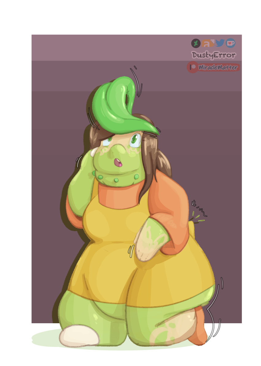 absurd_res chikorita clothing dress female game_freak generation_2_pokemon hair hi_res leaf nintendo obese obese_female overweight overweight_female plant pokemon pokemon_(species) shrinking size_transformation transformation