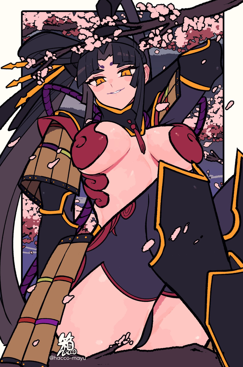 1girl absurdres armor black_hair black_headwear black_thighhighs branch breasts cherry_blossoms facial_mark fate/grand_order fate_(series) forehead_mark hacco_mayu hair_bun hat highres japanese_armor kote large_breasts long_hair long_sleeves looking_at_viewer orange_eyes parted_bangs shoulder_armor side_ponytail sidelocks single_side_bun sitting sode suneate taira_no_kagekiyo_(fate) thighhighs ushiwakamaru_(fate) very_long_hair