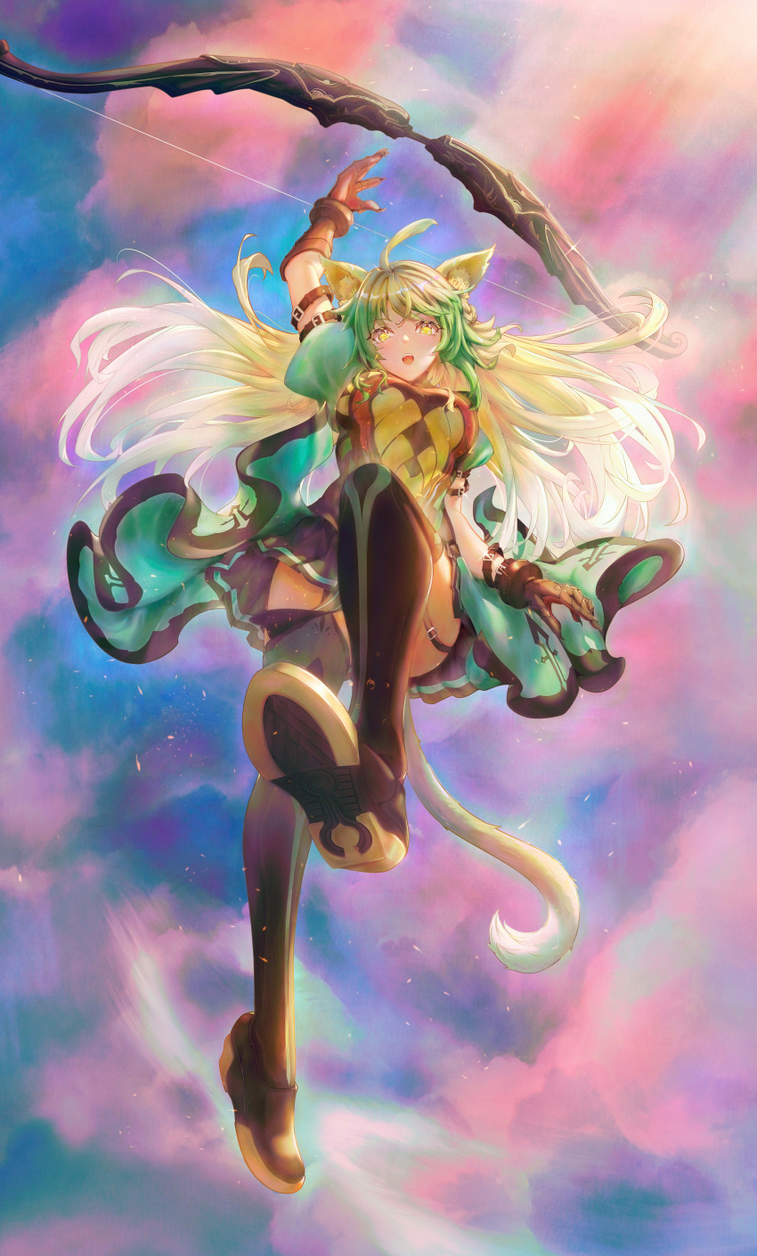 1girl absurdres ahoge animal_ears atalanta_(fate) black_thighhighs bow_(weapon) brown_gloves dress fate/apocrypha fate/grand_order fate_(series) floating from_below full_body garter_straps gloves gradient_hair green_dress green_hair highres looking_at_viewer multicolored_background multicolored_hair open_mouth solo tail teeth thighhighs tostarin upper_teeth_only weapon wrist_belt yellow_eyes