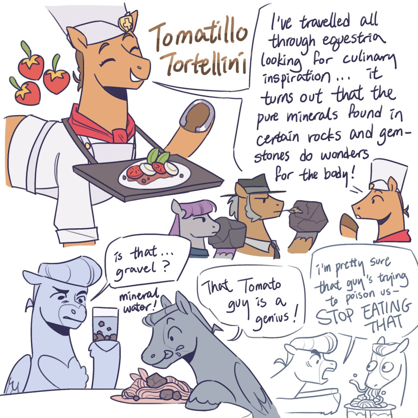 1:1 alternate_universe beverage chef chef_hat chef_uniform clothing container crossover cup duo earth_pony eating eating_food english_text equid equine feral food friendship_is_magic furniture group hasbro hat headgear headwear hi_res horse igneous_rock_(mlp) jojo's_bizarre_adventure josuke_higashikata male mammal maud_pie_(mlp) my_little_pony okuyasu_nijimura pegasus pompadour ponification pony regularcitrus rock smile table text tongue tongue_out tonio_trussardi trio wings