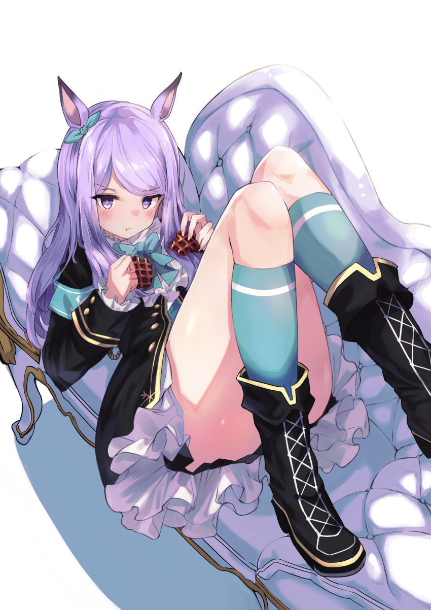 1girl absurdres animal_ears aqua_bow aqua_bowtie aqua_legwear armband bangs black_footwear black_jacket blush bow bowchan bowtie buttons chewing closed_mouth couch dress ear_ribbon eating food foot_out_of_frame frilled_jacket frills hair_bow hands_up highres holding holding_food horse_ears horse_girl jacket kneehighs knees_together_feet_apart layered_dress long_hair looking_at_viewer lying mejiro_mcqueen_(umamusume) on_back pleated_dress purple_eyes purple_hair shirt solo tsurime umamusume v-shaped_eyebrows white_background white_shirt