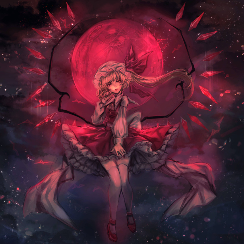 1girl absurdres adapted_costume back_bow backlighting blonde_hair bow crystal dark_background flandre_scarlet flying frilled_skirt frills full_body full_moon hat head_tilt highres huge_bow kyogoku-uru large_bow long_hair long_sleeves looking_at_viewer mary_janes mob_cap moon nail_polish night one_side_up outdoors puffy_long_sleeves puffy_sleeves red_background red_eyes red_footwear red_moon red_nails red_skirt red_theme red_vest red_wings shirt shoes skirt skirt_set solo thighhighs touhou vest white_bow white_headwear white_shirt white_thighhighs wings zettai_ryouiki