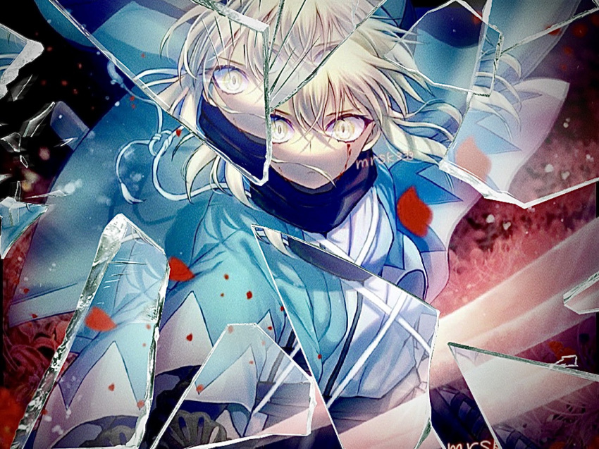 1girl app_filter arm_guards black_bow black_scarf blonde_hair blood blood_on_face bow broken_glass fate/grand_order fate_(series) glass glass_shards hair_between_eyes haori highres japanese_clothes kimono koha-ace long_sleeves looking_at_viewer okita_souji_(fate) okita_souji_(koha-ace) reflection scarf shards shinsengumi short_hair slit_pupils solo upper_body white_kimono yellow_eyes yokaranu_yuuna