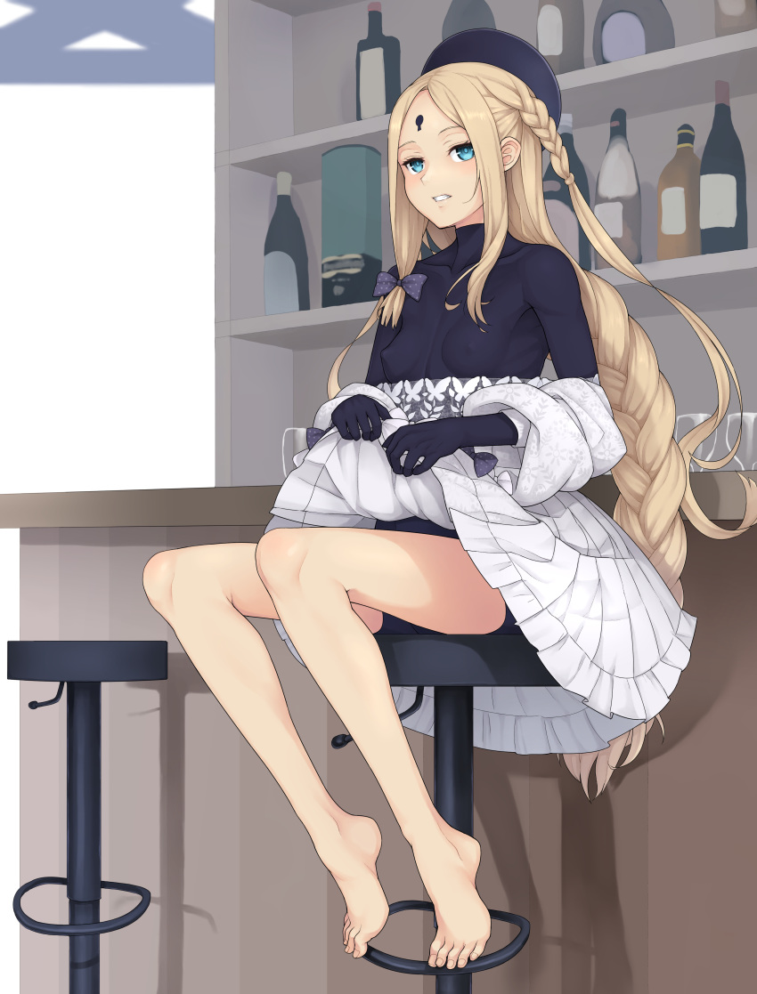 1girl abigail_williams_(fate) absurdres bar_stool bare_legs barefoot beret blonde_hair bodysuit bottle braid breasts clothes_lift covered_nipples fate/grand_order fate_(series) feet hat highres keyhole legs lifted_by_self long_hair parted_bangs parted_lips sitting skirt skirt_lift small_breasts solo stool tiptoes toenails toes very_long_hair yossyzero