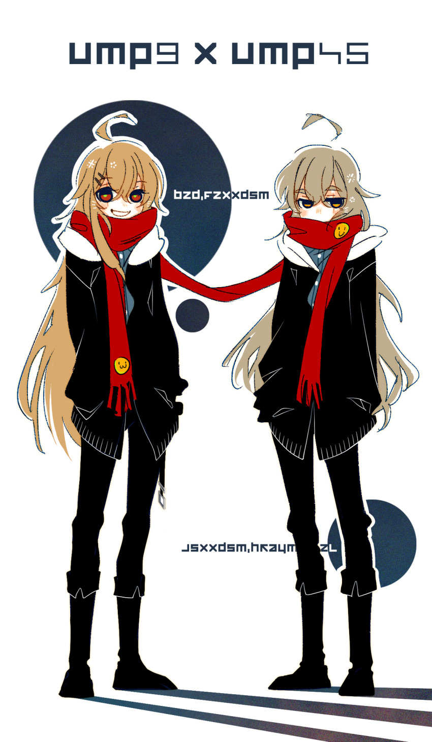 2girls :3 ahoge alternate_hairstyle badge black_footwear black_jacket black_pants blue_shirt blush brown_eyes brown_hair button_badge buttons character_name chinese_commentary commentary_request covered_mouth full_body girls'_frontline green_pupils grin hair_between_eyes hair_down hair_ornament hairclip hands_in_pockets highres hood hooded_jacket jacket long_hair looking_at_viewer matching_outfits multiple_girls pants red_scarf scar scar_across_eye scarf shadow shared_clothes shared_scarf shirt simple_background smile smiley_face standing su_xiao_jei ump45_(girls'_frontline) ump9_(girls'_frontline) very_long_hair white_background yellow_eyes
