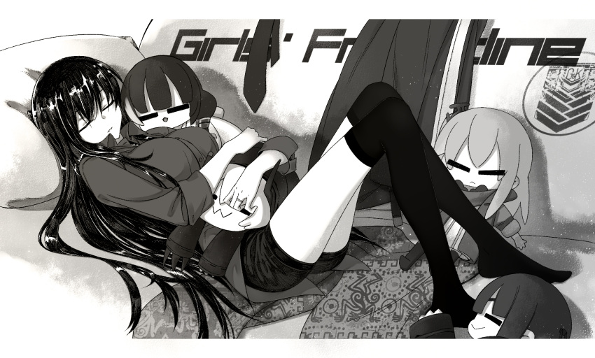 1girl :&gt; :&lt; :3 =_= breasts buttons character_doll chinese_commentary closed_eyes coat commentary_request copyright_name couch dandelion_(girls'_frontline) full_body girls'_frontline greyscale griffin_&amp;_kryuger highres hugging_doll hugging_object jewelry large_breasts legs light_smile long_hair long_sleeves lying m16a1_(girls'_frontline) m4_sopmod_ii_(girls'_frontline) monochrome necktie no_shoes on_back on_couch ring ro635_(girls'_frontline) shirt shorts st_ar-15_(girls'_frontline) su_xiao_jei thighhighs unworn_coat unworn_necktie very_long_hair wedding_ring