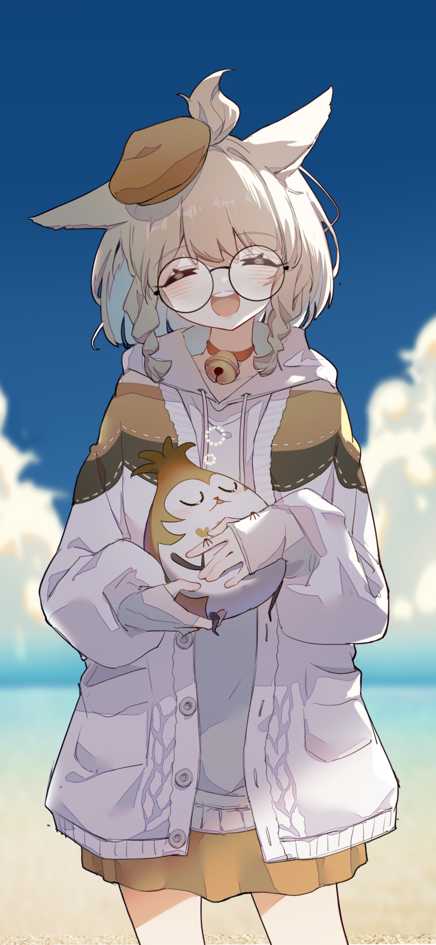 1girl :o absurdres animal_ears beach bell beret blonde_hair blue_sky braid brown_skirt cat_ears closed_eyes cloud cloudy_sky creature feet_out_of_frame final_fantasy final_fantasy_xiv glasses grey_shirt hat highres holding holding_creature hood hood_down hoodie jingle_bell mini_hat miqo'te ocean open_clothes open_hoodie patchwork_clothes phooka_(final_fantasy) puffy_sleeves shiluxvi shirt skirt sky sleep_bubble sleeping smile solo teeth twin_braids upper_teeth_only warrior_of_light_(ff14) white_hoodie