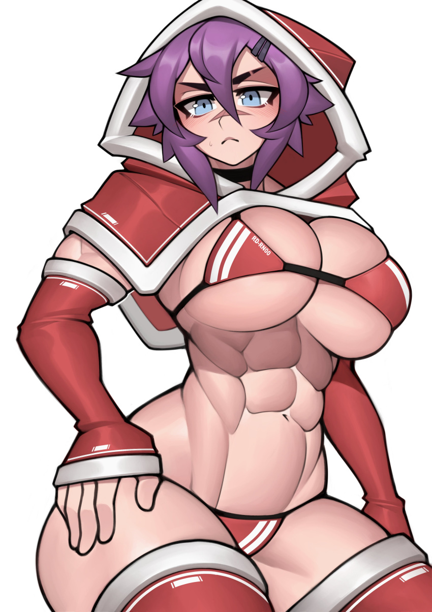 1girl abs absurdres biceps bikini black_choker blue_eyes breasts capelet choker christmas cleavage clothes_writing commentary detached_sleeves english_commentary eyebrow_cut hair_between_eyes hair_ornament hairclip highres hood hood_up hooded_capelet huge_breasts maya_(roadi3) micro_bikini muscular muscular_female original purple_hair red_bikini red_capelet red_sleeves red_thighhighs roadi3 scar scar_on_face scar_on_nose short_hair solo swimsuit thick_thighs thighhighs thighs underboob white_background