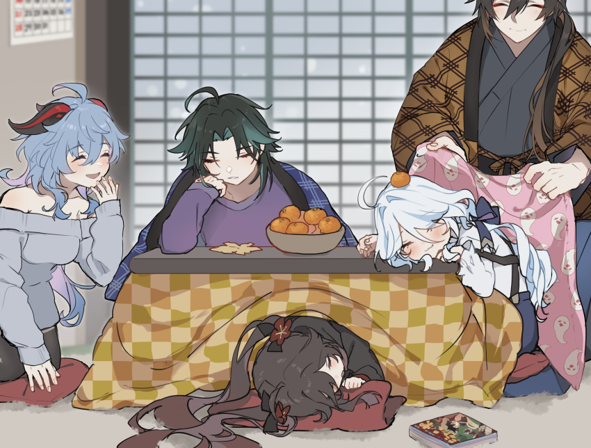 2boys 3boys :3 ahoge alternate_costume black_hair blanket blue_hair boo_tao_(genshin_impact) closed_eyes closed_mouth cushion food food_on_head fruit fruit_on_head furina_(genshin_impact) ganyu_(genshin_impact) genshin_impact green_hair highres horns hoshiyui_tsukino hu_tao_(genshin_impact) japanese_clothes kotatsu long_hair long_sleeves lying manga_(object) multiple_boys multiple_girls object_on_head on_side open_mouth orange_(fruit) ponytail sitting sleeping table twintails xiao_(genshin_impact) zhongli_(genshin_impact)