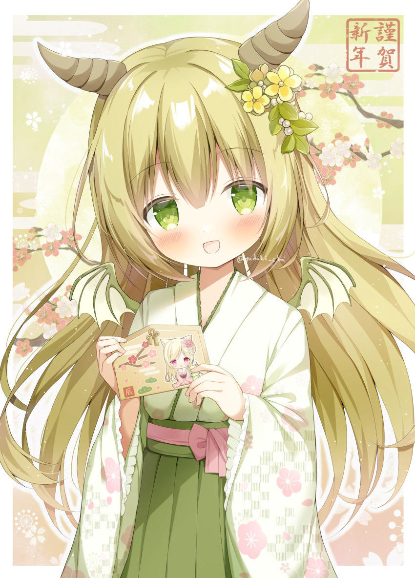 1girl :d absurdres blonde_hair dragon_girl ema flower green_eyes green_kimono hair_flower hair_ornament highres japanese_clothes kimono nengajou new_year original smile solo upper_body yuduki_pdx