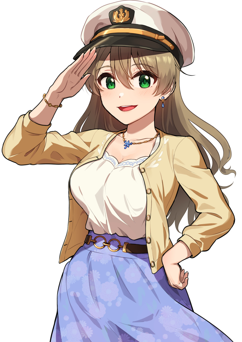 1girl belt blush bracelet breasts brown_hair camisole cardigan cleavage collarbone dot_nose earrings floral_print green_eyes hair_between_eyes hair_down hand_on_own_hip hat highres idolmaster idolmaster_million_live! idolmaster_million_live!_theater_days jewelry kamille_(vcx68) large_breasts long_hair long_skirt long_sleeves looking_at_viewer military_hat necklace official_alternate_costume official_alternate_hairstyle open_clothes open_mouth sakuramori_kaori salute shirt shirt_tucked_in simple_background skirt smile solo teeth upper_teeth_only white_background white_camisole