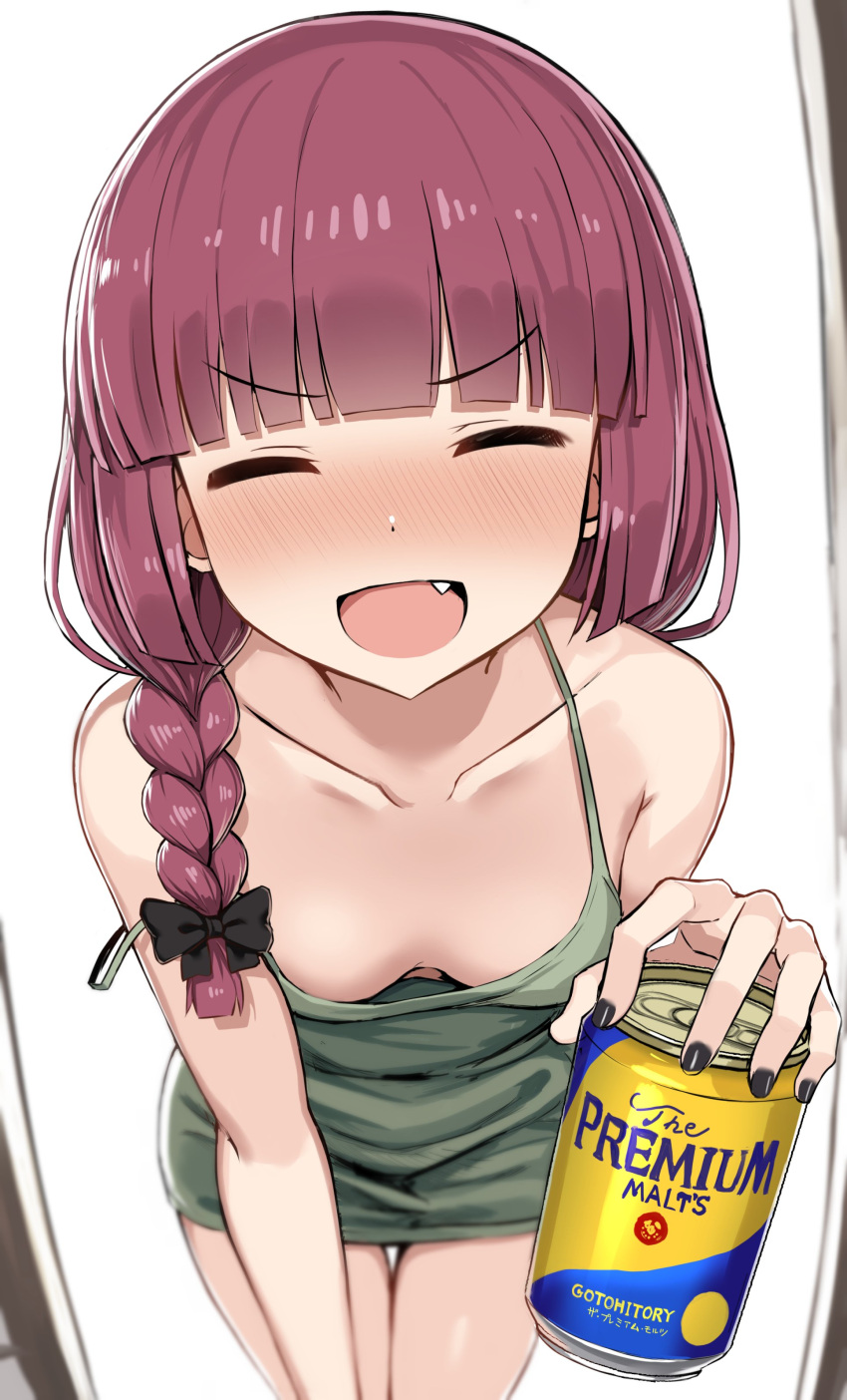 1girl absurdres bare_shoulders beer_can blunt_bangs blush bocchi_the_rock! braid breasts can closed_eyes collarbone dress drink_can fang greatmosu green_dress hair_over_shoulder highres hiroi_kikuri long_hair open_mouth purple_hair single_braid small_breasts smile solo