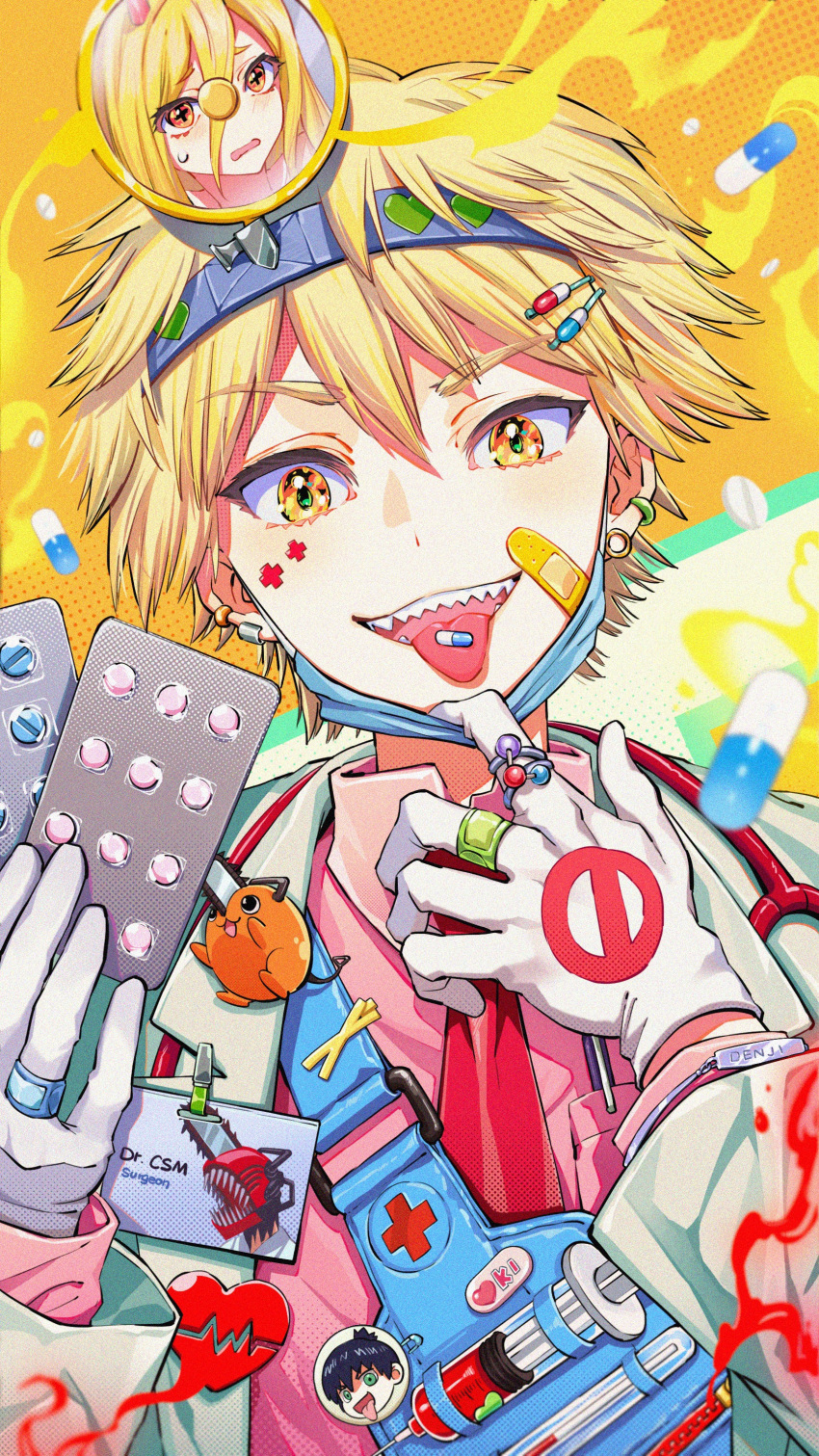 1boy absurdres bandaid bandaid_on_face bandaid_on_hand blonde_hair breast_pocket chainsaw_man cross-shaped_pupils denji_(chainsaw_man) doctor ear_piercing earrings gloves hair_between_eyes hayakawa_aki highres horns jewelry kiunchiku liquid-in-glass_thermometer mask mask_pull mouth_mask name_tag necktie pen piercing pill pill_hair_ornament pin pink_shirt pochita_(chainsaw_man) pocket power_(chainsaw_man) red_horns red_necktie ring sharp_teeth shirt solo stethoscope surgical_mask sweatdrop symbol-shaped_pupils syringe teeth thermometer tongue tongue_out upper_body white_gloves yellow_eyes