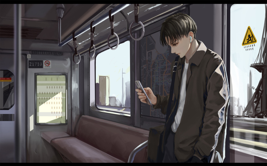 1boy against_wall alternate_costume bag black_hair black_pants brown_bag brown_coat building cellphone chinese_commentary chuantangfeng_draft city coat collared_coat commentary contemporary earphones factory glass_door hand_grip hand_in_pocket highres holding holding_phone leaning_on_object levi_(shingeki_no_kyojin) long_sleeves looking_at_phone looking_down male_focus map no_smoking open_clothes open_coat pants parted_bangs phone pole poster_(object) profile scaffolding shingeki_no_kyojin shirt short_hair shoulder_bag sign skyscraper smartphone solo train_interior upper_body vent_(object) warning_sign white_shirt wireless_earphones