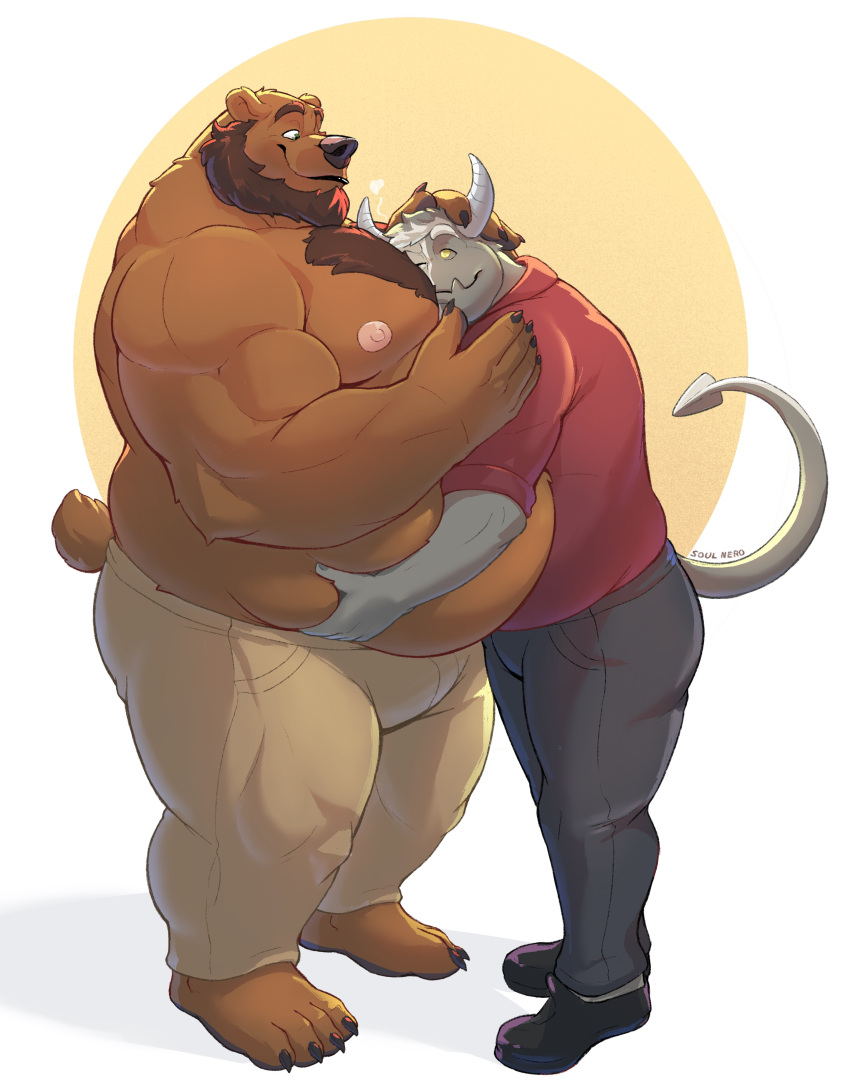 &lt;3 absurd_res anthro barefoot bear beard belly belly_grab big_belly body_hair chest_hair claws clothing demon duo embrace face_in_chest facial_hair feet hand_on_head hi_res holding_partner horn hug hybrid male male/male mammal muscular muscular_anthro muscular_male nipples overweight overweight_anthro overweight_male reach_around size_difference smaller_male smile soft_belly soul_nero spade_tail standing tail