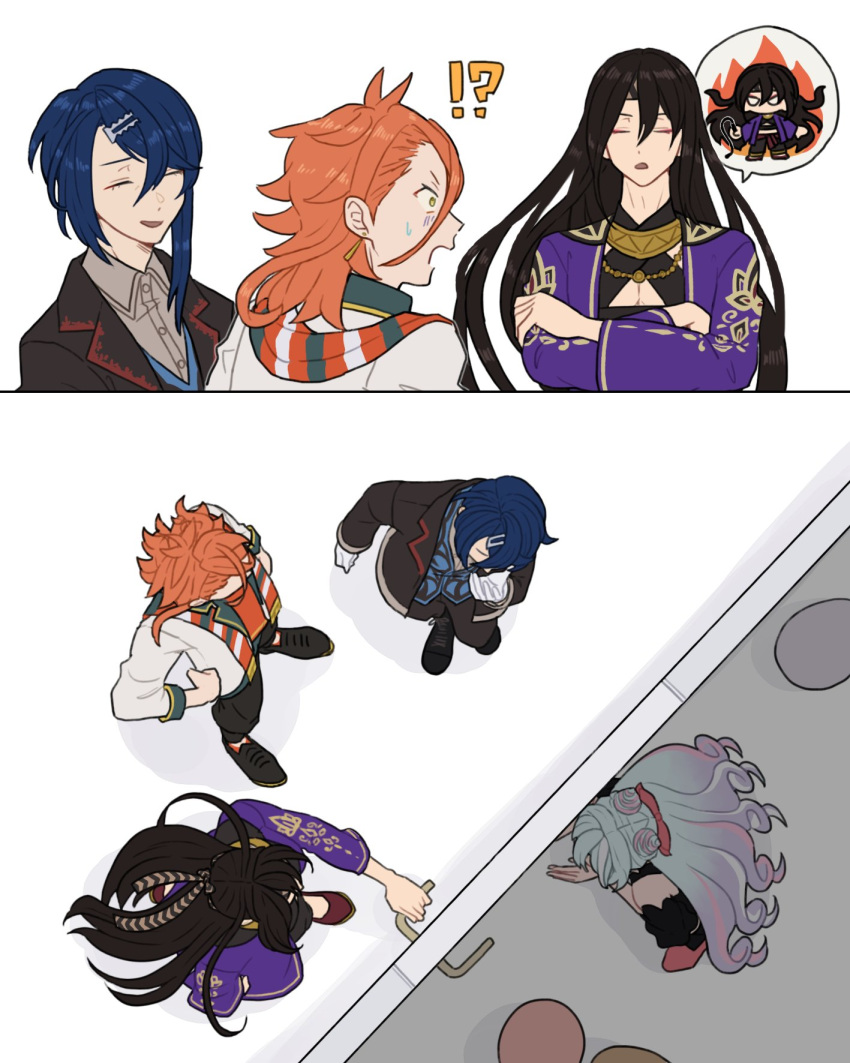 4boys alcryst_(fire_emblem) black_hair blue_hair closed_eyes earrings fire_emblem fire_emblem_engage hahm0106 hair_between_eyes hair_ornament hairclip highres jacket jewelry long_hair long_sleeves looking_at_another male_focus multiple_boys orange_hair otoko_no_ko pandreo_(fire_emblem) rosado_(fire_emblem) seadall_(fire_emblem) short_hair standing white_background