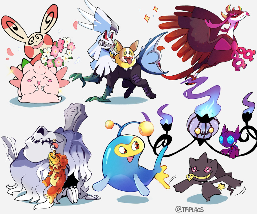 animal_focus antennae artist_name banette blue_skin chandelure clefable closed_eyes colored_skin commentary dachsbun dog fangs fezandipiti fire floating grey_fur grin head_wreath highres houndstone lanturn no_humans open_mouth pink_skin poke_ball pokemon pokemon_(creature) purple_fire red_eyes sableye silvally simple_background sitting skin_fangs smile spinda tail taplaos teeth tombstone tongue tongue_out twitter_username white_background wings yamper yellow_eyes