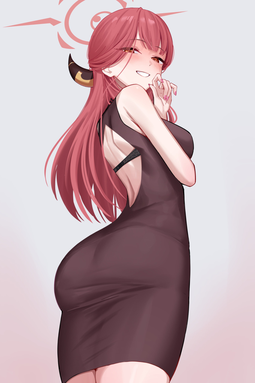 1girl absurdres aoi_riko aru_(blue_archive) ass back backless_dress backless_outfit bare_back bare_shoulders blue_archive blush breasts brown_horns demon_horns dress halo hand_on_own_face highres horns huge_ass long_hair looking_at_viewer looking_back open_mouth pink_hair pink_halo short_dress sideboob sleeveless sleeveless_dress smile solo thick_thighs thighs yellow_eyes