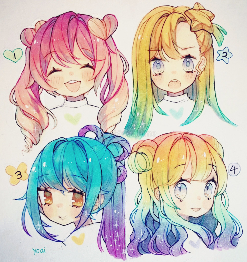 4girls anny_(yoai) artist_name asymmetrical_bangs blonde_hair blue_eyes blue_hair blunt_ends blush_stickers braid closed_eyes collared_shirt commentary cropped_shoulders drill_hair english_commentary eyelashes frown gradient_hair green_hair hair_ornament hair_ribbon heart heart_hair_ornament heart_print high_ponytail highres light_frown looking_at_viewer multicolored_hair multiple_girls numbered one_side_up open_mouth original pink_hair purple_hair purple_ribbon rainbow_hair ribbon shirt smile sparkle star_(symbol) star_hair_ornament teeth traditional_media twin_braids twin_drills twintails upper_teeth_only white_hair white_shirt yellow_eyes