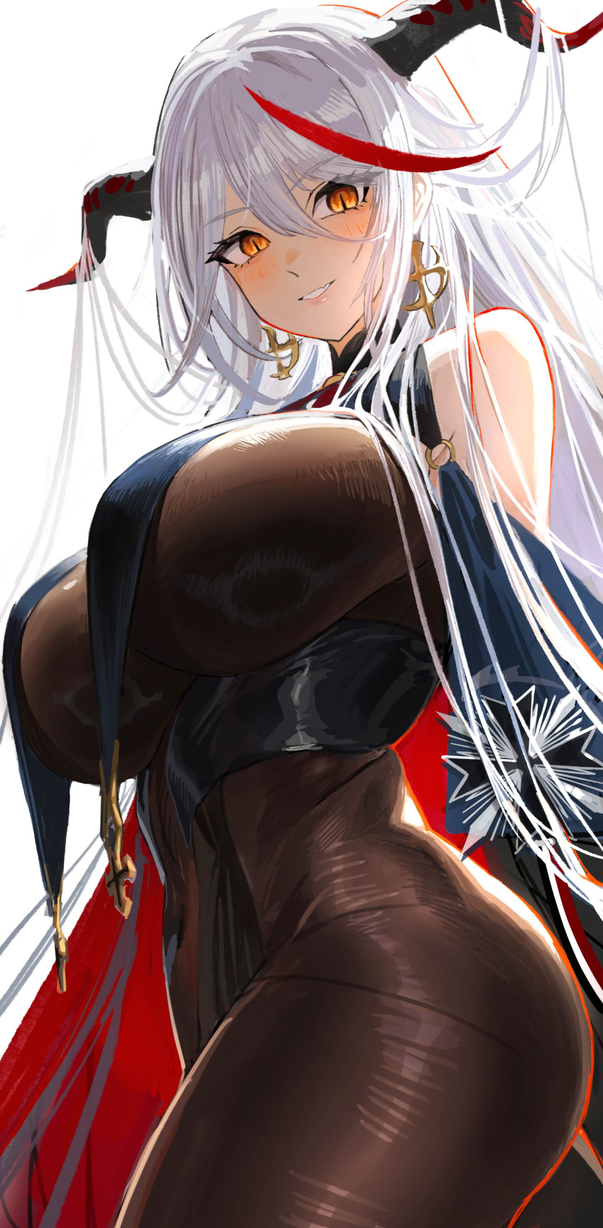 1girl absurdres aegir_(azur_lane) azur_lane bare_shoulders bodystocking breasts curvy earrings highres horns huge_breasts jewelry kaki_z3 large_breasts long_hair looking_at_viewer skin_tight smile solo thick_thighs thighs white_background white_hair yellow_eyes