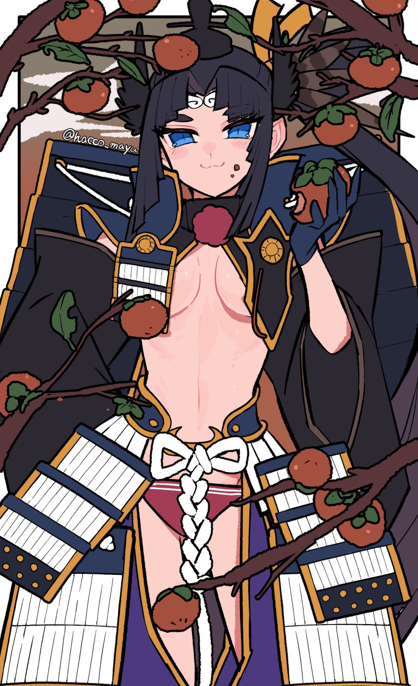 1girl absurdres armor black_hair blue_eyes blue_sky breast_curtains breasts closed_mouth detached_sleeves eating fate/grand_order fate_(series) feather_hair_ornament feathers food fruit gloves hacco_mayu hair_bun hair_ornament hat highres japanese_armor long_hair looking_at_viewer medium_breasts navel panties parted_bangs persimmon red_panties side_ponytail sidelocks single_side_bun sky smile solo underwear ushiwakamaru_(fate) very_long_hair wide_sleeves