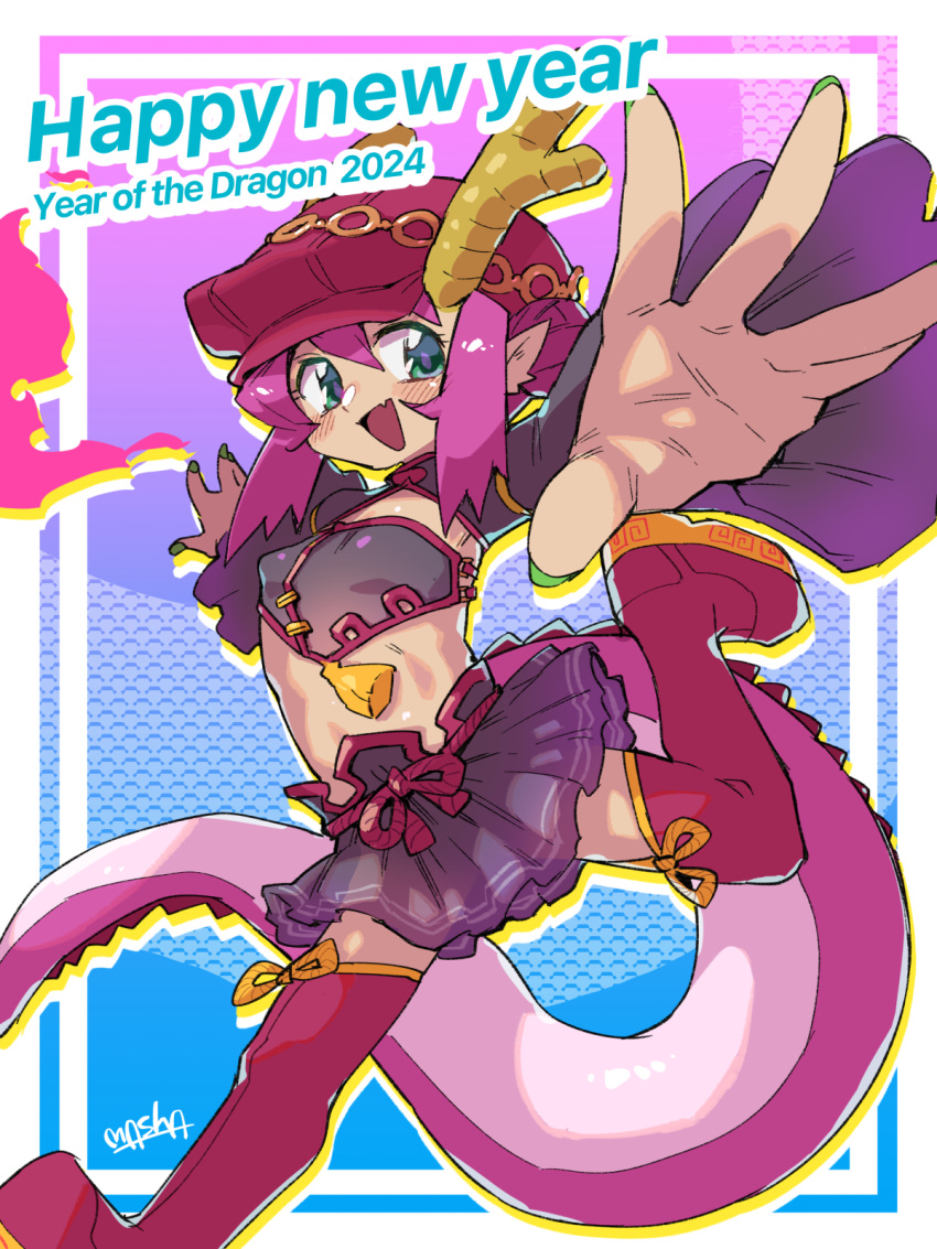 2023 3:4 5_fingers animal_humanoid bottomwear breasts chinese_zodiac clothed clothing dragon dragon_humanoid english_text female fingers hair hi_res humanoid humanoid_pointy_ears legwear masha midriff open_mouth pink_hair pink_tail scalie scalie_humanoid skirt tail text thigh_highs year_of_the_dragon