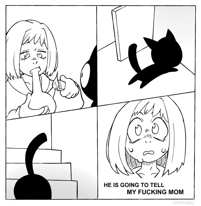 1girl animal black_cat cat door drugs fire flcl greyscale he_is_going_to_tell_my_fucking_mom_(meme) highres meme monochrome nervous open_mouth parody saji_(sajishuffle) samejima_mamimi stairs takkun_(flcl)