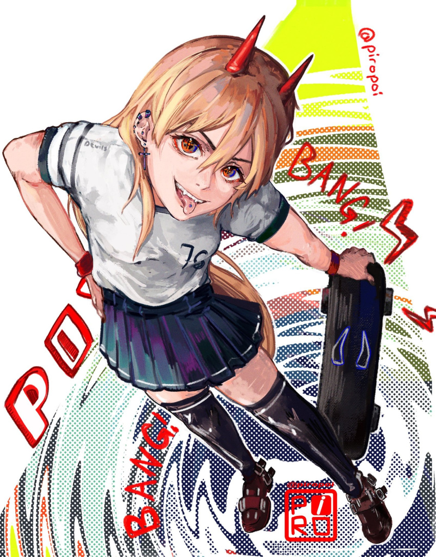1girl black_thighhighs blonde_hair breasts chainsaw_man commentary cross cross-shaped_pupils cross_earrings ear_piercing earrings english_commentary fangs from_above full_body hand_on_own_hip highres horns jewelry miniskirt piercing piro_(piropoi) pleated_skirt power_(chainsaw_man) red_eyes red_horns red_wristband shirt skateboard skirt small_breasts solo symbol-shaped_pupils t-shirt thighhighs tongue tongue_out tongue_piercing twitter_username watermark white_shirt zettai_ryouiki