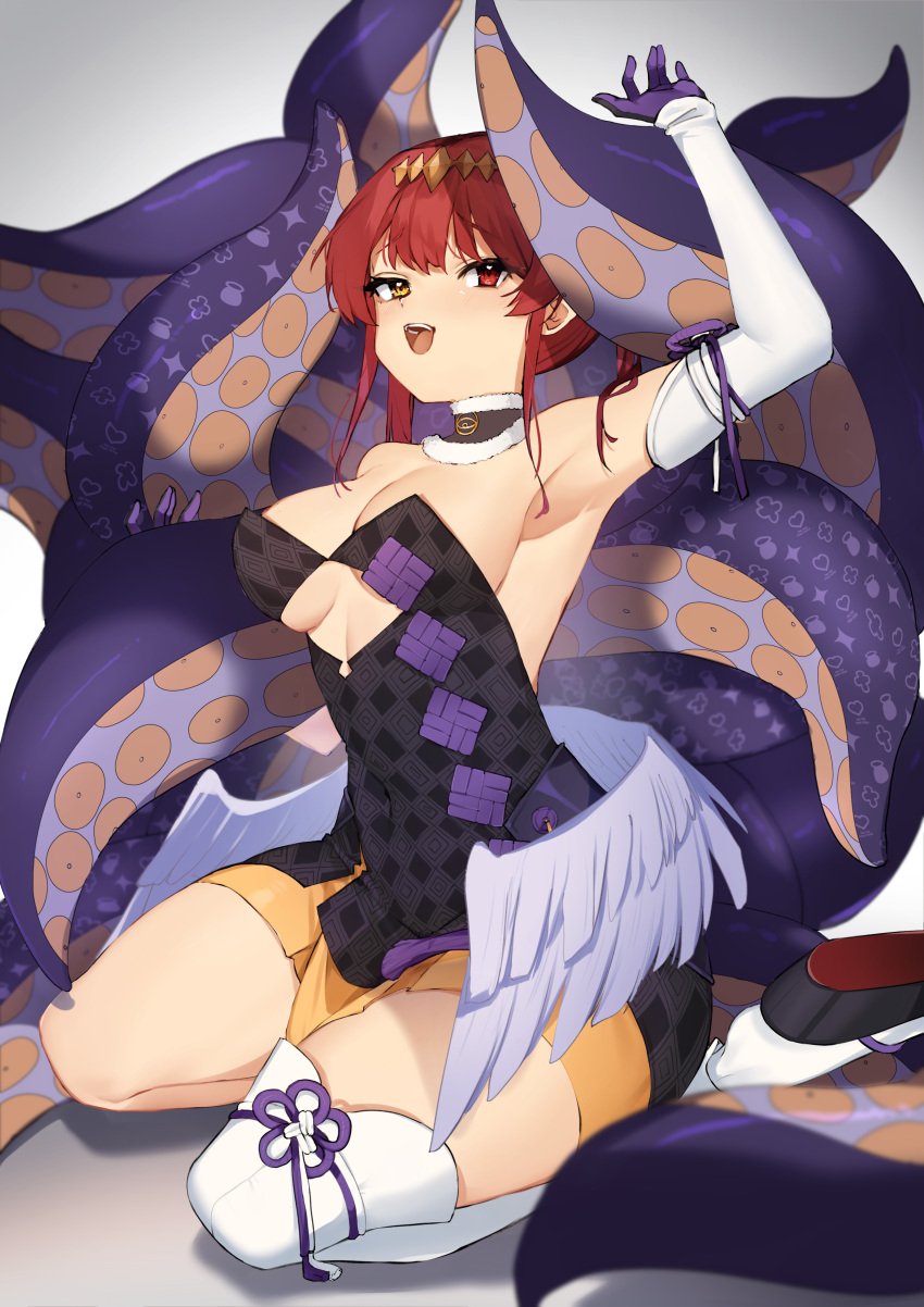 1girl absurdres black_footwear breasts cleavage collar cosplay detached_collar detached_sleeves dress feathered_wings gloves heterochromia highres hololive hololive_english houshou_marine large_breasts long_hair looking_at_viewer low_wings ninomae_ina'nis ninomae_ina'nis_(1st_costume) ninomae_ina'nis_(cosplay) purple_gloves red_eyes red_hair ribbon single_detached_sleeve single_thighhigh solo strapless strapless_dress surato tentacles thighhighs tube_dress virtual_youtuber white_collar white_sleeves white_thighhighs wings yellow_eyes