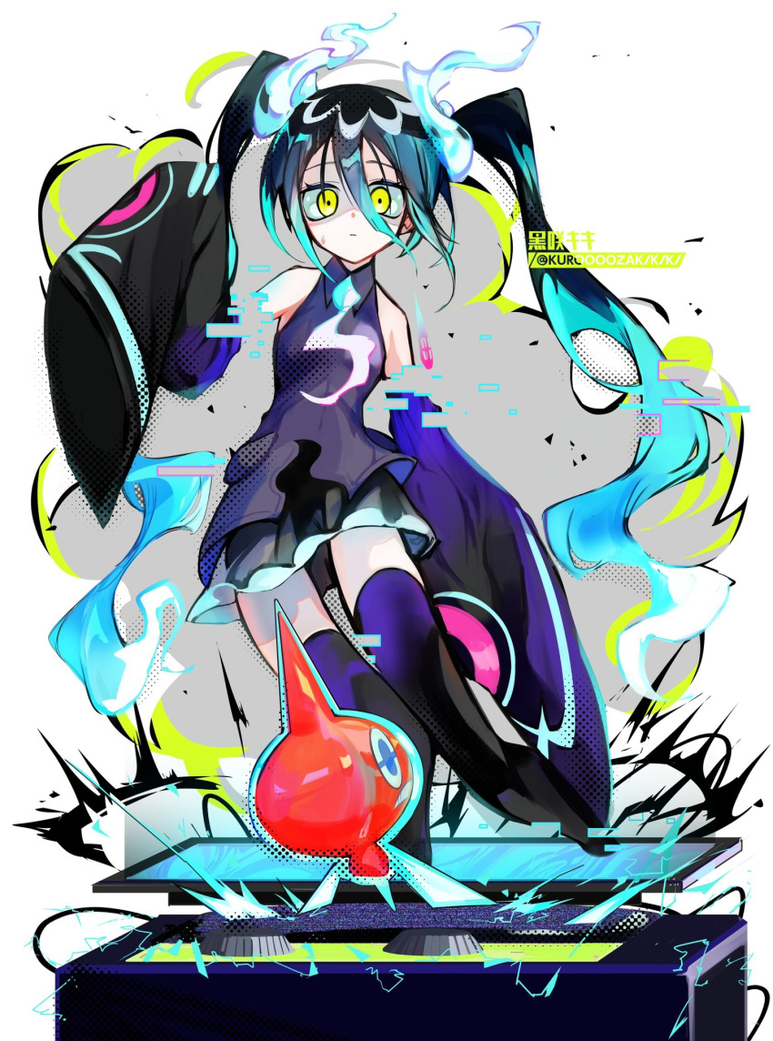 1girl aqua_hair artist_name black_thighhighs commentary detached_sleeves ghost ghost_miku_(project_voltage) glitch grey_shirt hair_between_eyes hatsune_miku highres kuroooozakikiki long_hair looking_at_viewer necktie pokemon pokemon_(creature) project_voltage rotom rotom_(normal) shirt skirt sleeves_past_fingers sleeves_past_wrists thighhighs twintails very_long_hair vocaloid will-o'-the-wisp_(mythology) yellow_eyes