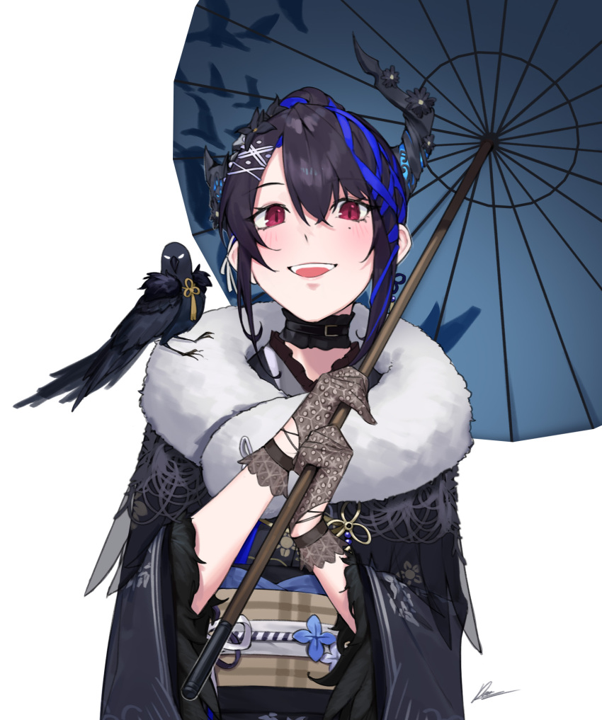 1girl asymmetrical_horns black_hair blue_hair blush colored_inner_hair dasdokter demon_horns fur_collar hair_ornament highres holding holding_umbrella hololive hololive_english horns long_hair looking_at_viewer mole mole_under_eye multicolored_hair nerissa_ravencroft nerissa_ravencroft_(new_year) official_alternate_costume open_mouth parasol red_eyes shadow_(nerissa_ravencroft) smile solo two-tone_hair umbrella uneven_horns virtual_youtuber