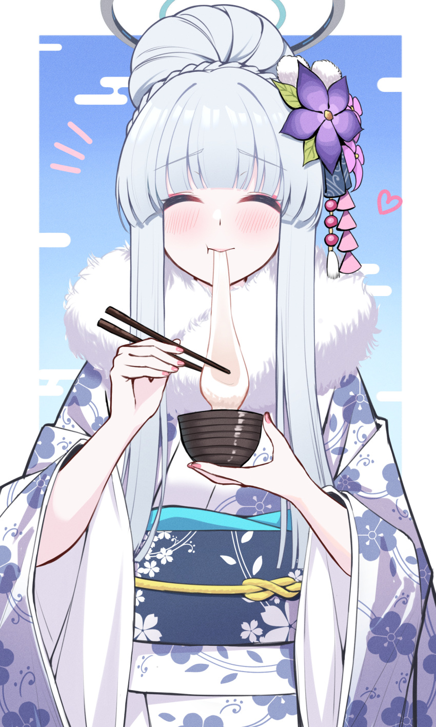 1girl absurdres blue_archive blue_background blunt_bangs blush chopsticks closed_eyes commentary_request eating floral_print flower fur-trimmed_kimono fur_trim gradient_background grey_halo hair_flower hair_ornament halo heart highres holding holding_chopsticks japanese_clothes kimono long_hair mechanical_halo noa_(blue_archive) obi print_kimono purple_flower reia_76 sash two-tone_background white_background white_kimono wide_sleeves